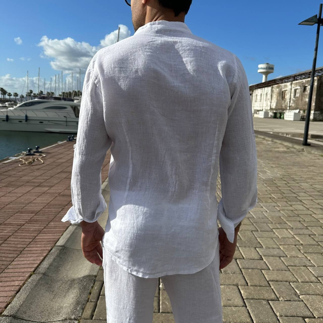 Camicia in lino collo coreano bianca