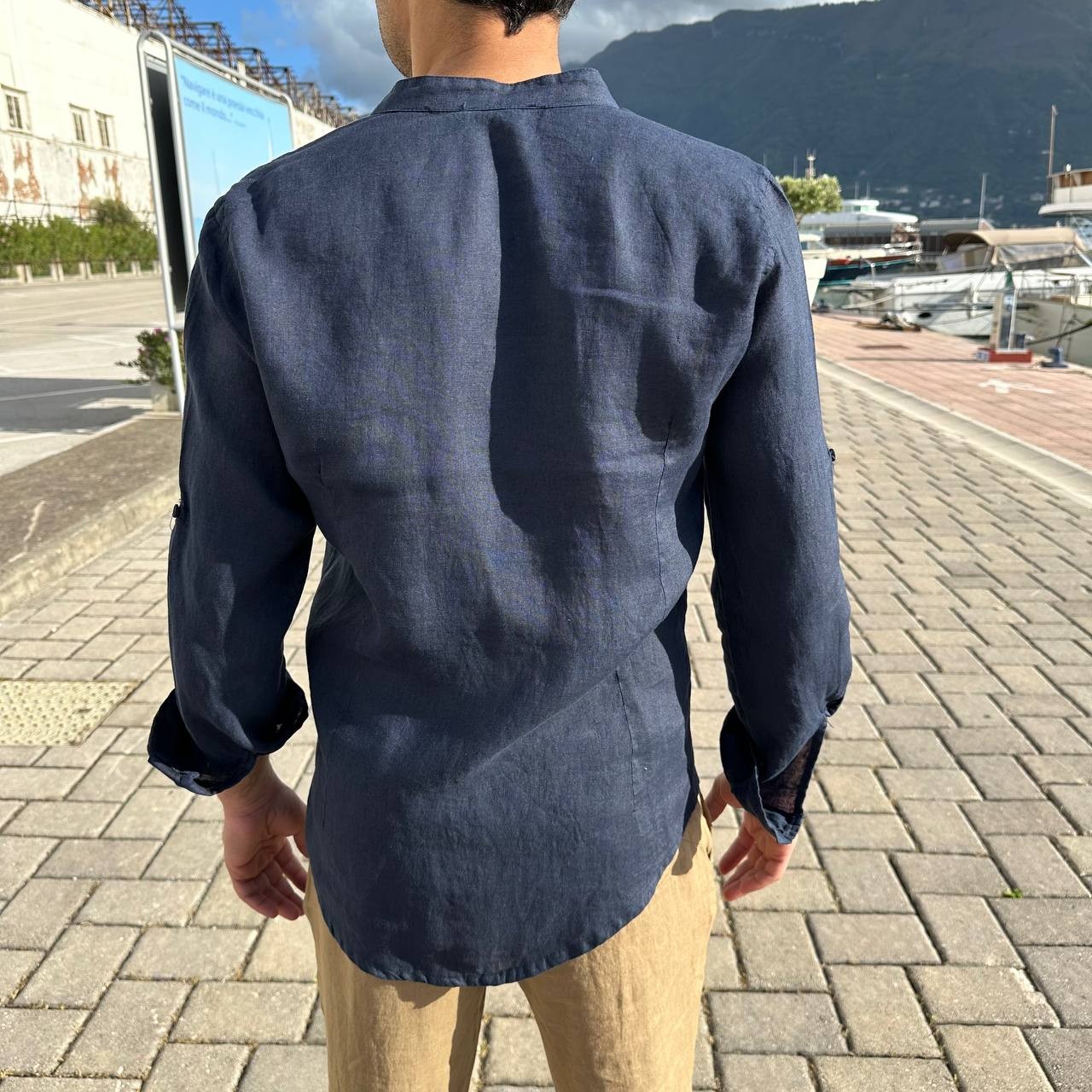 Camicia in lino collo coreano blu