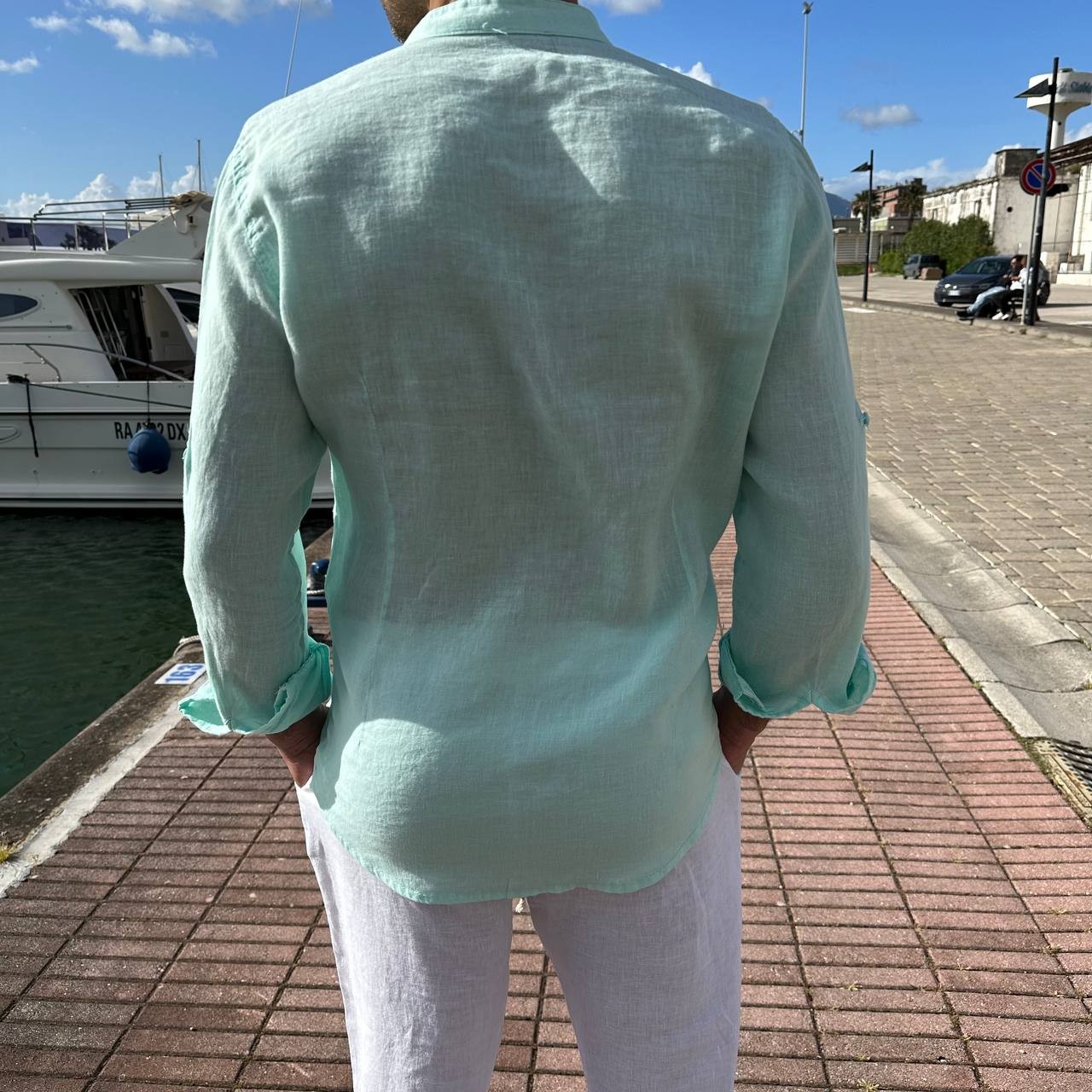 Camicia in lino collo coreano verde acqua