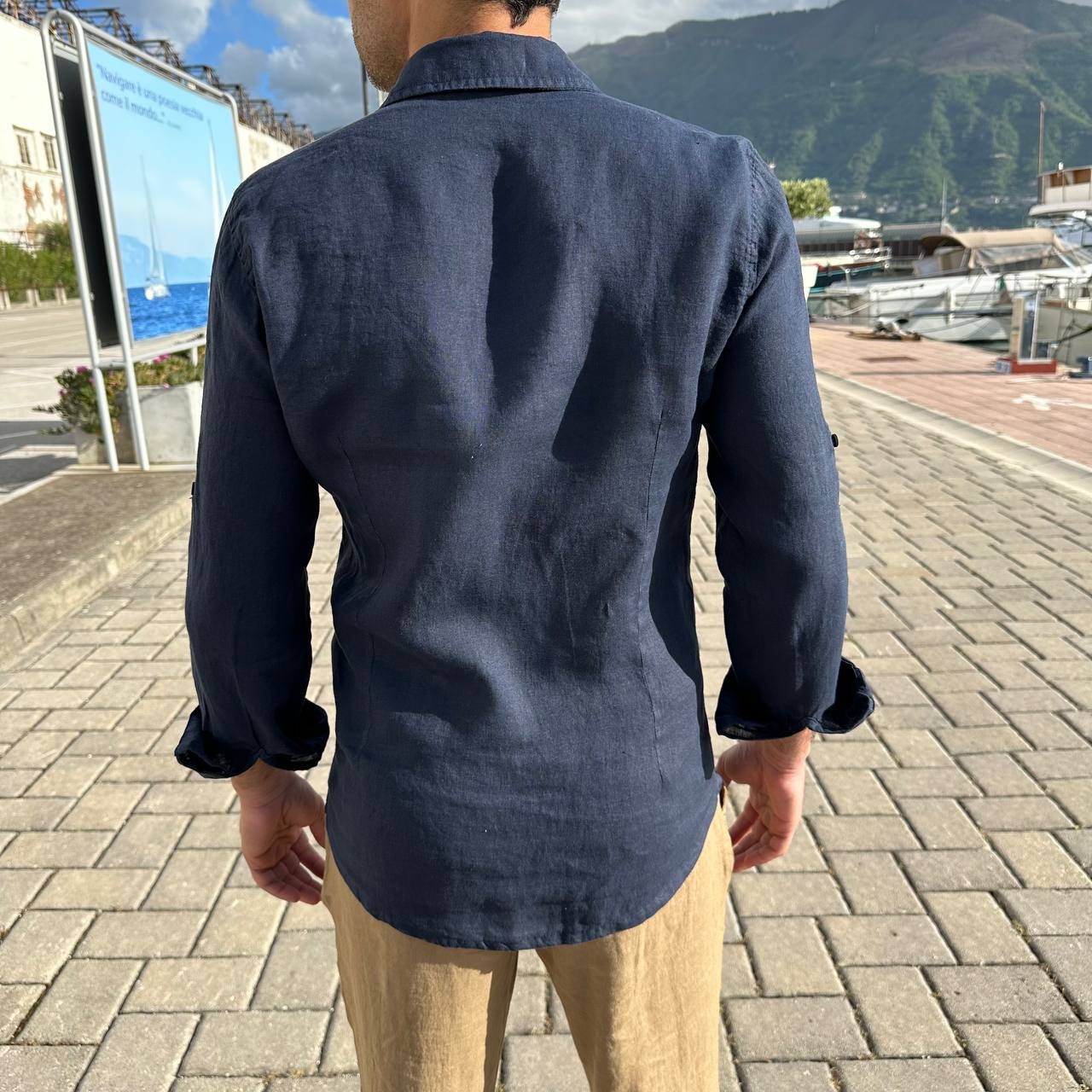 Camicia in lino collo francese blu