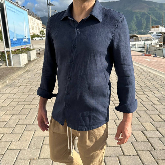 Camicia in lino collo francese blu