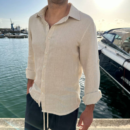 Camicia in lino collo francese beige