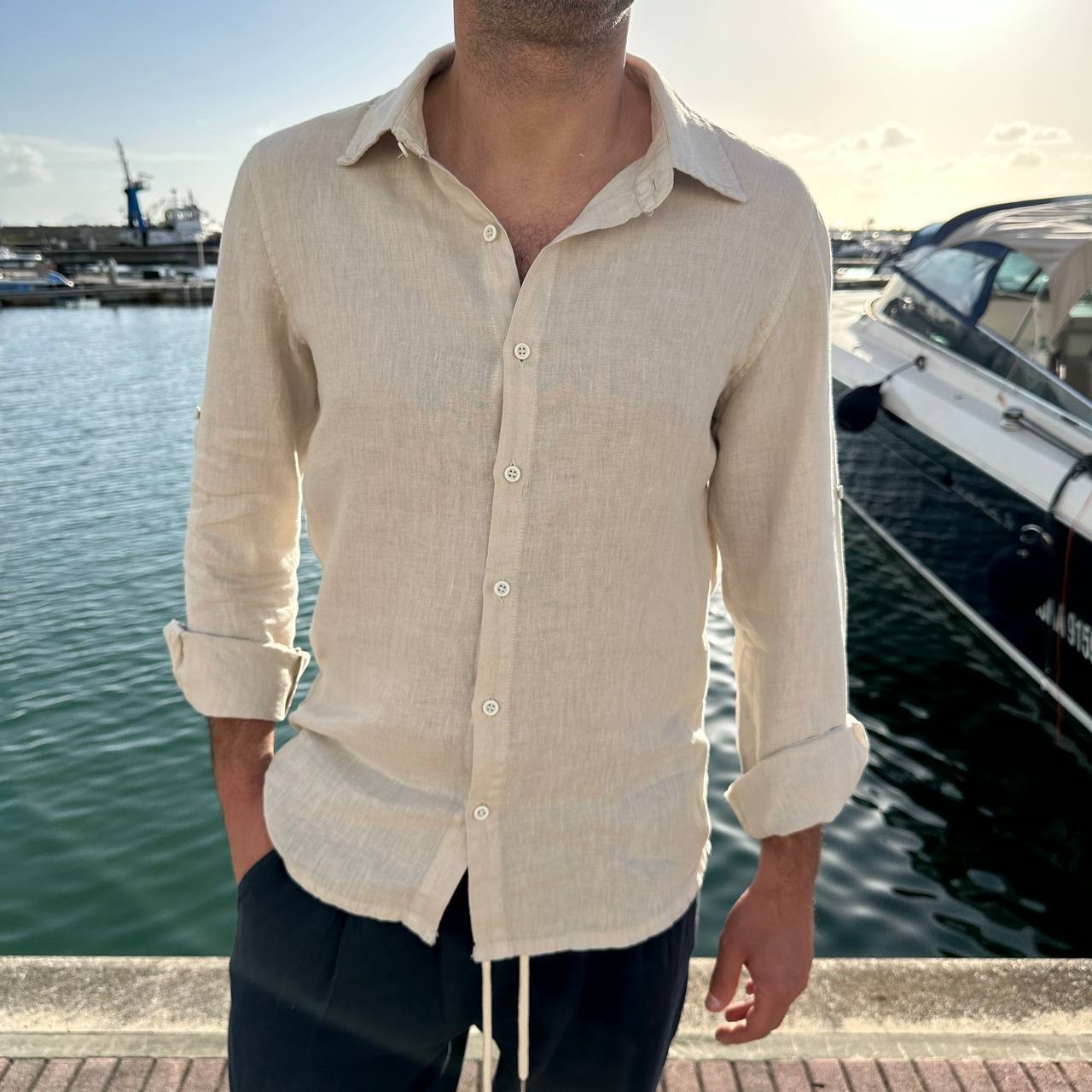 Camicia in lino collo francese beige