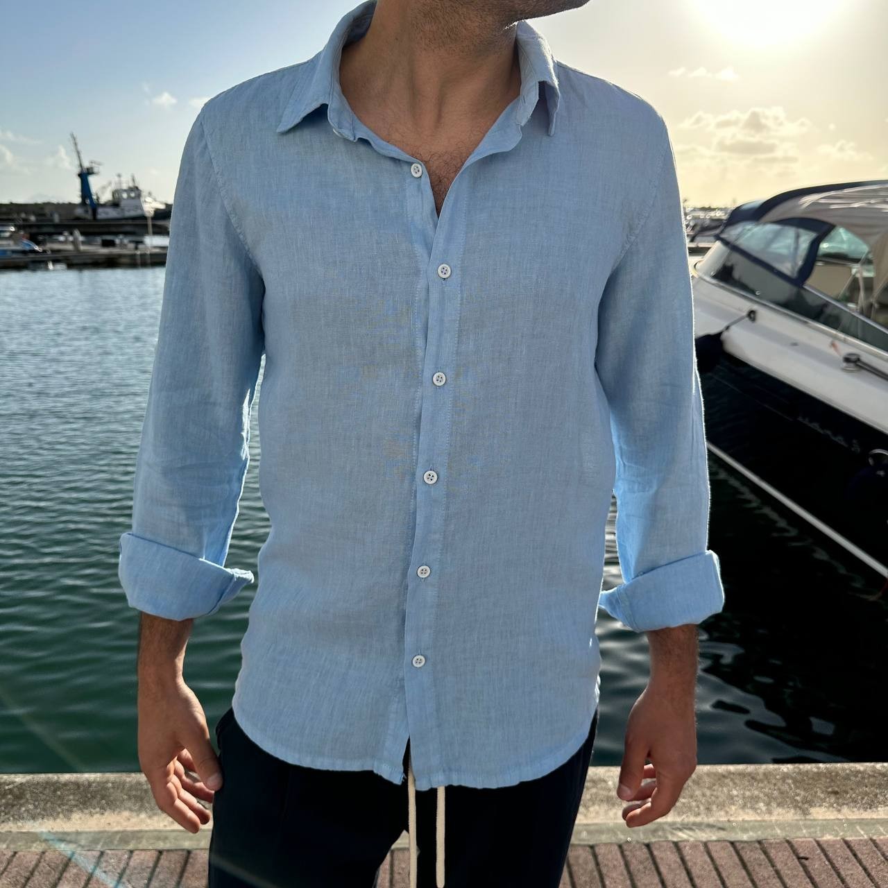 Camicia in lino collo francese celeste