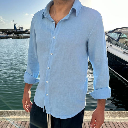 Camicia in lino collo francese celeste