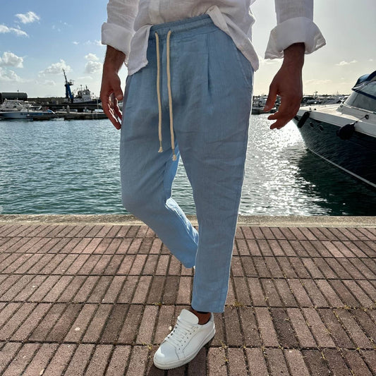 Pantalone in lino celeste