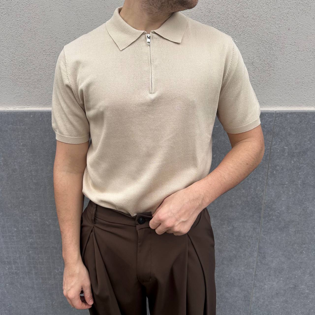 Polo in filo mezza zip beige