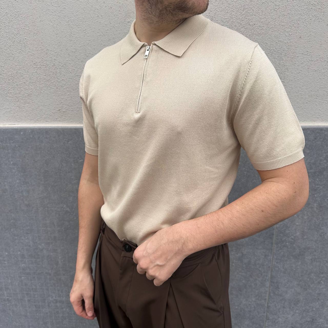 Polo in filo mezza zip beige