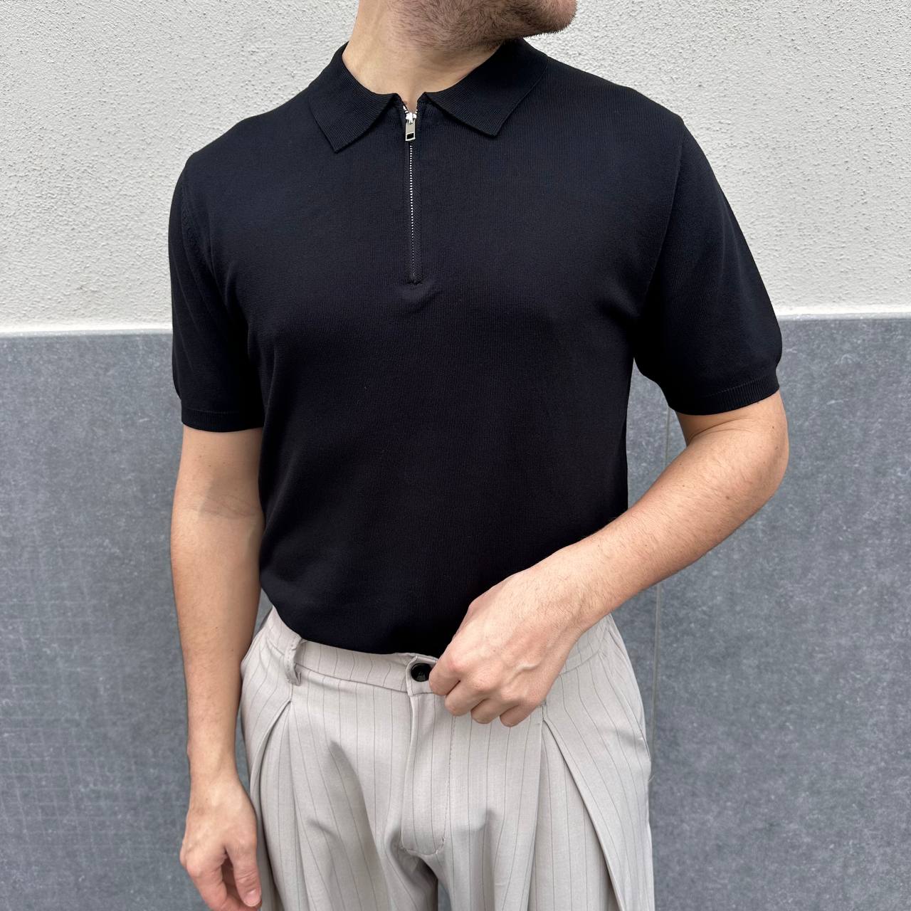 Polo in filo mezza zip nera