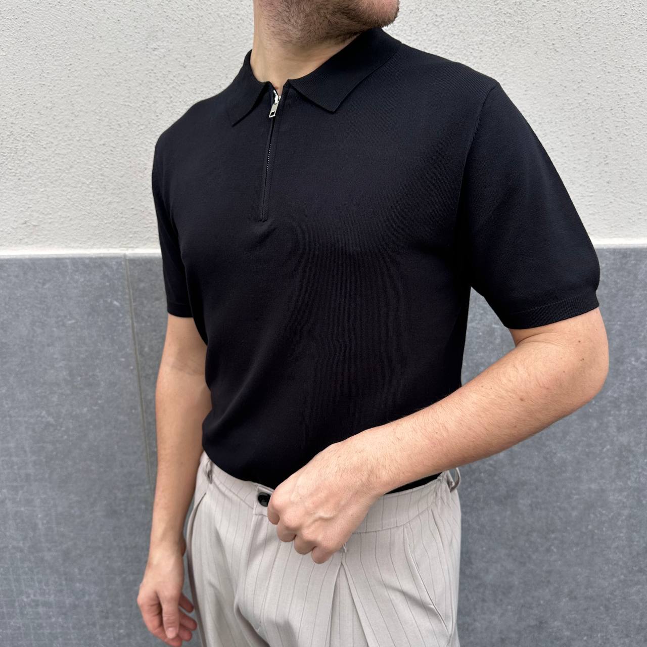 Polo in filo mezza zip nera