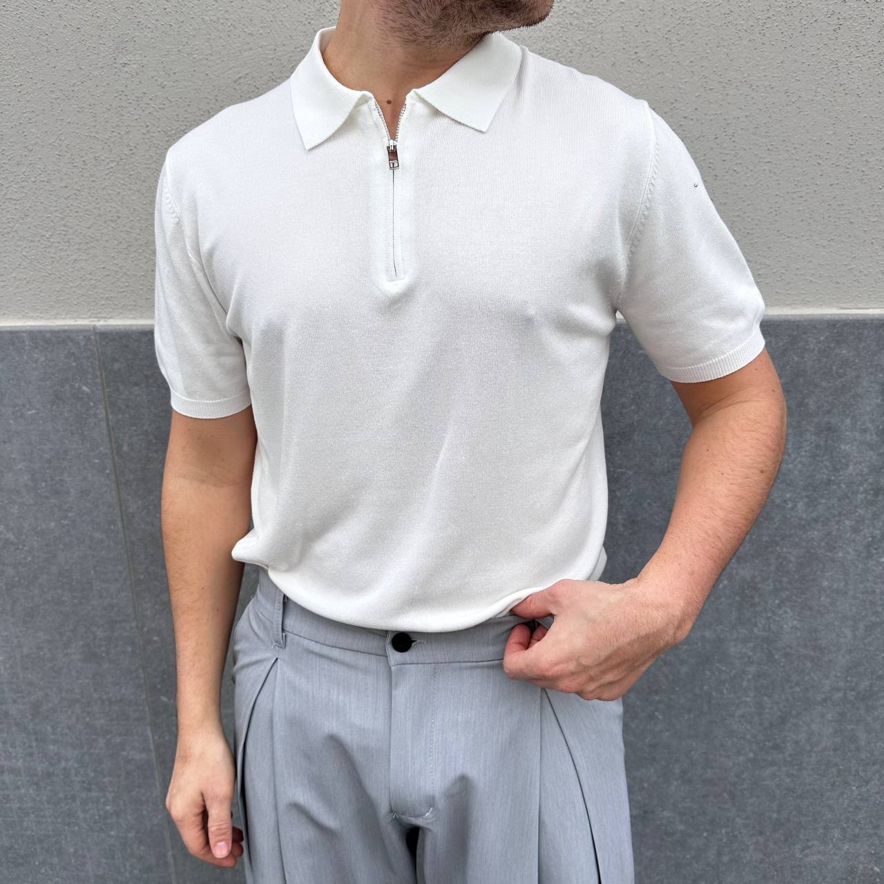 Polo in filo mezza zip bianca