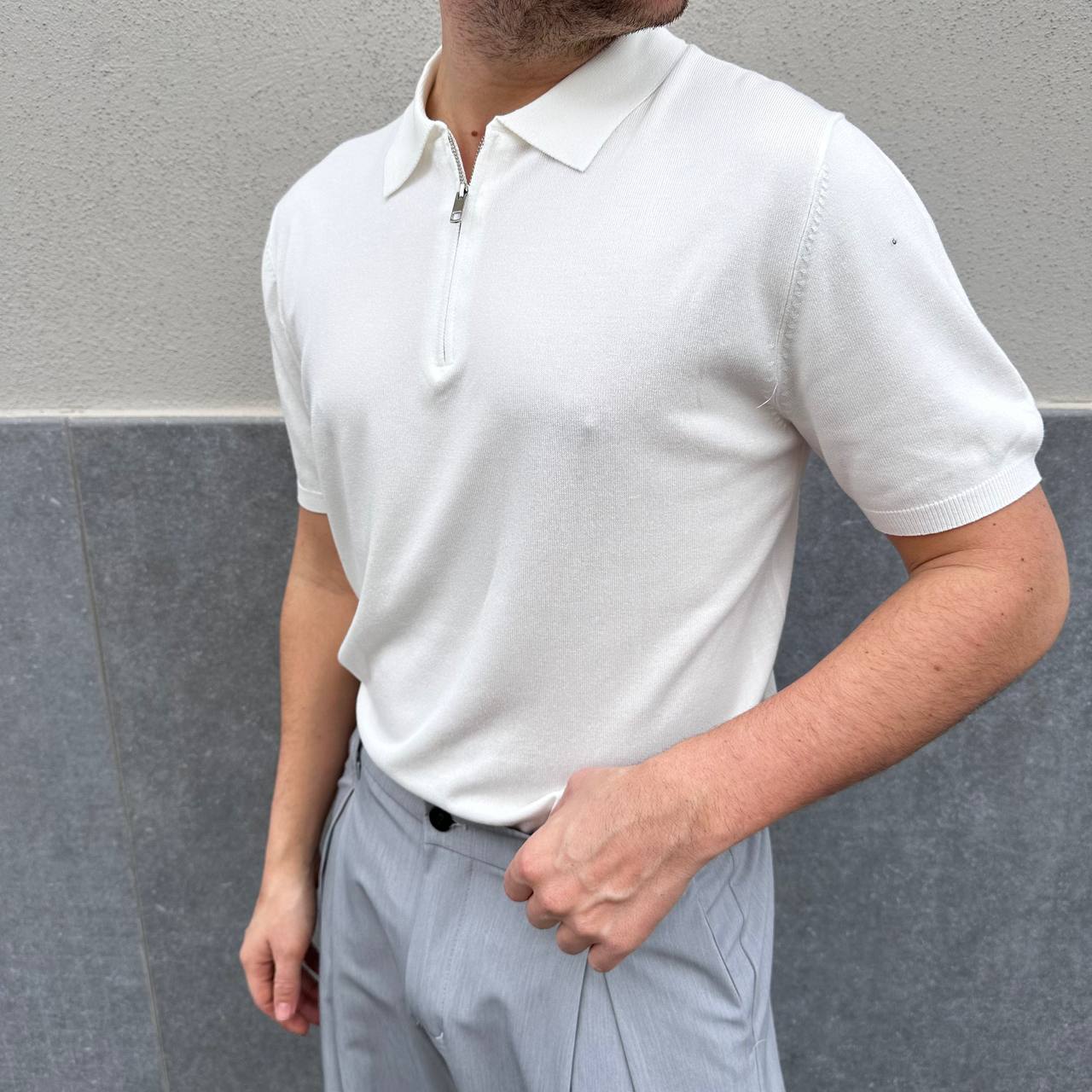 Polo in filo mezza zip bianca