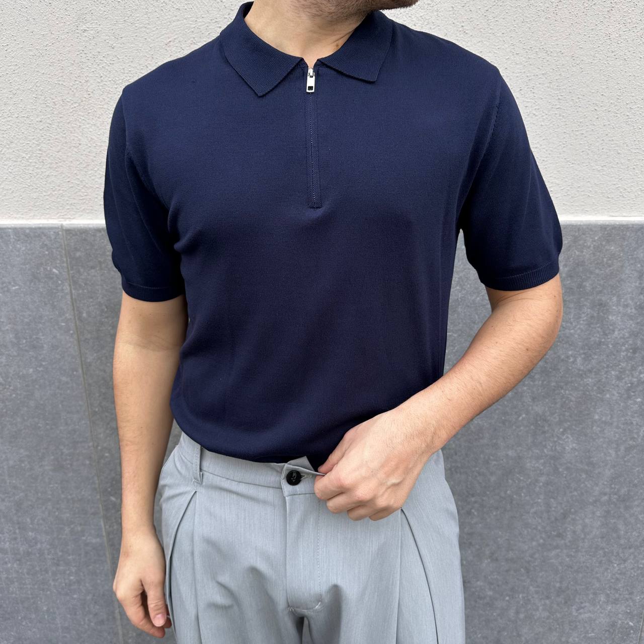 Polo in filo mezza zip blu