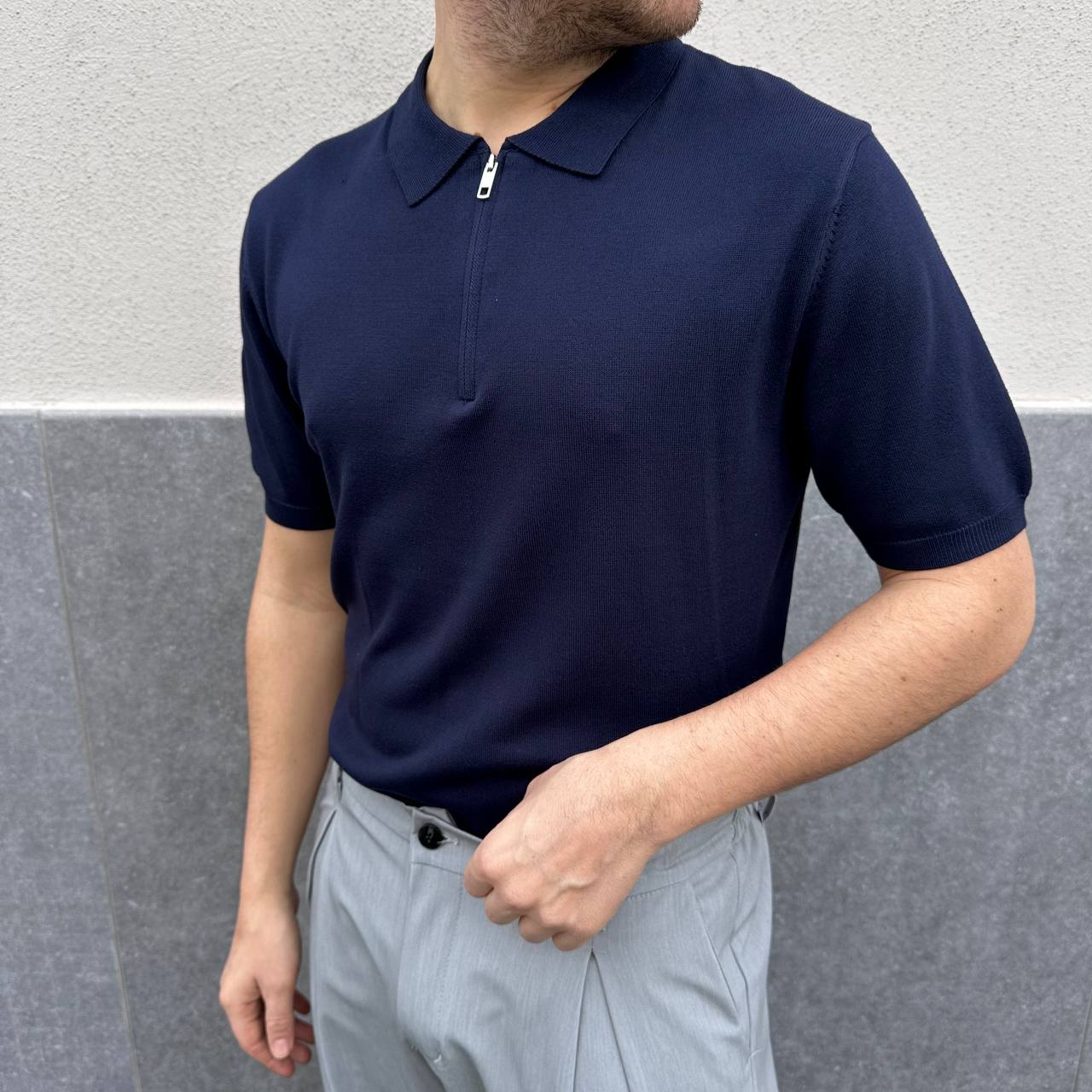 Polo in filo mezza zip blu