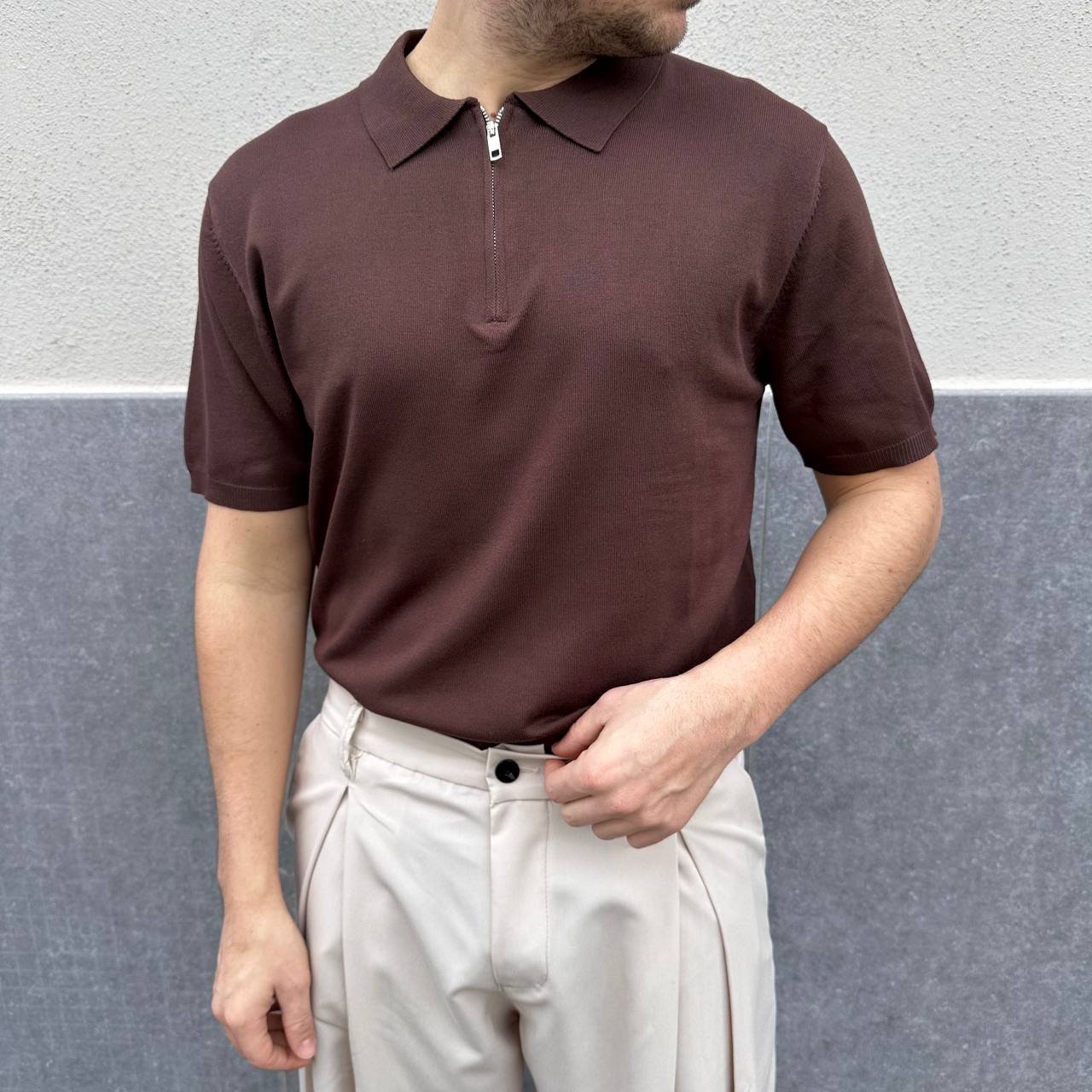 Polo in filo mezza zip marrone