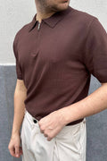Polo in filo mezza zip marrone
