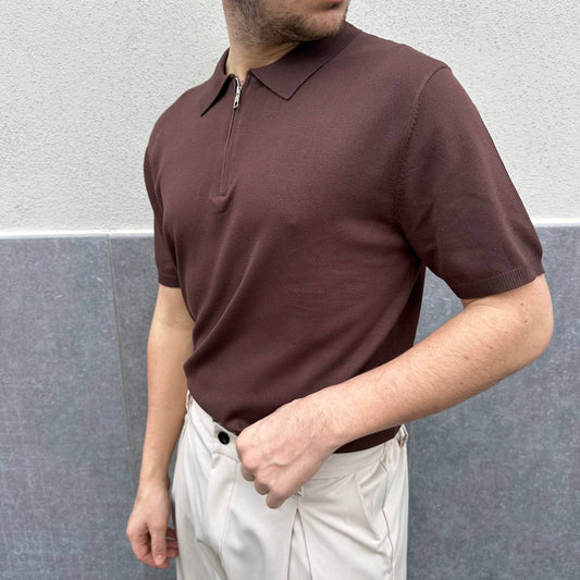 Polo in filo mezza zip marrone