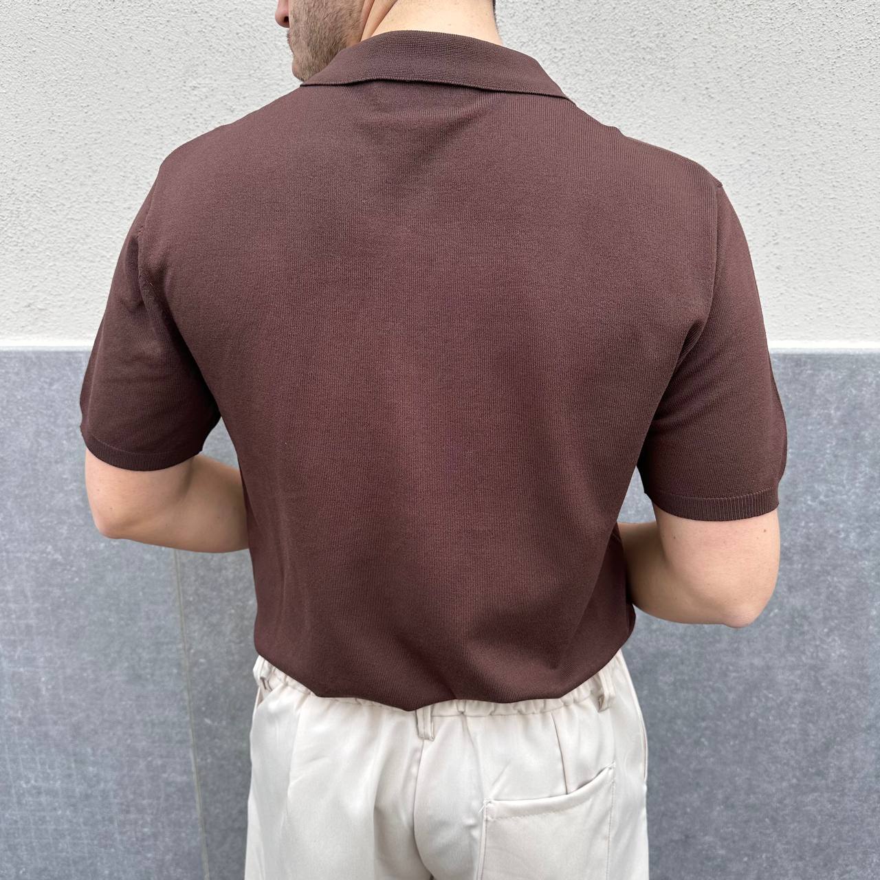 Polo in filo mezza zip marrone
