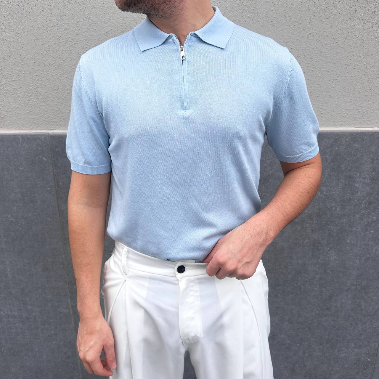 Polo in filo mezza zip celeste