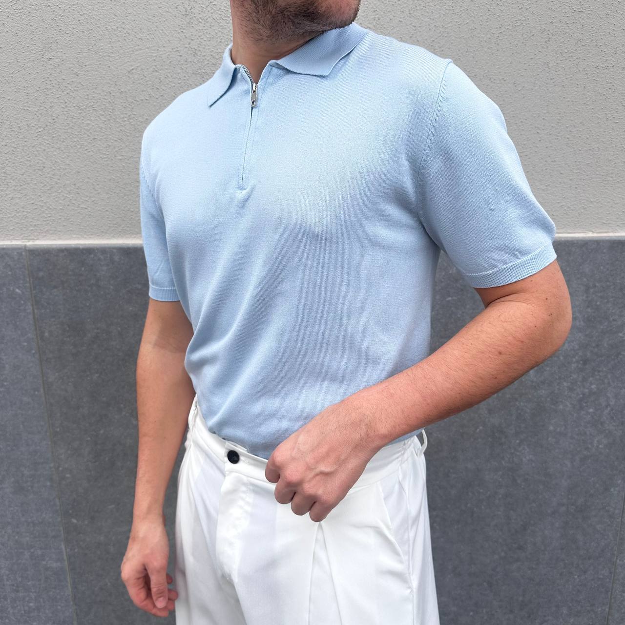 Polo in filo mezza zip celeste