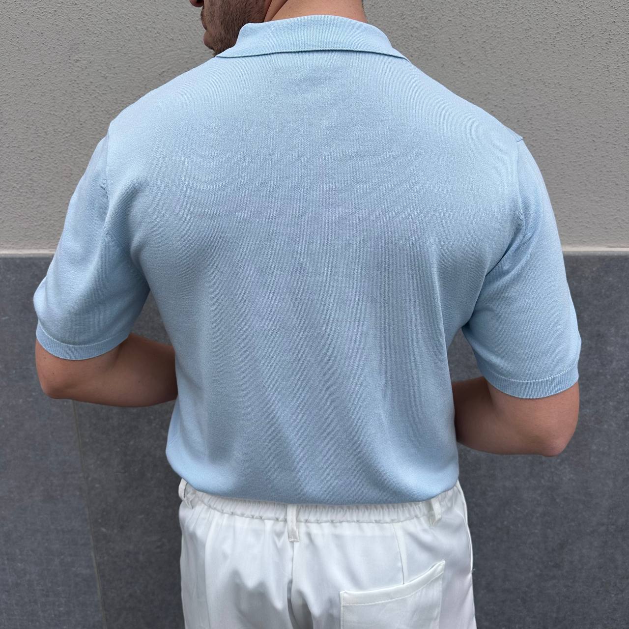 Polo in filo mezza zip celeste