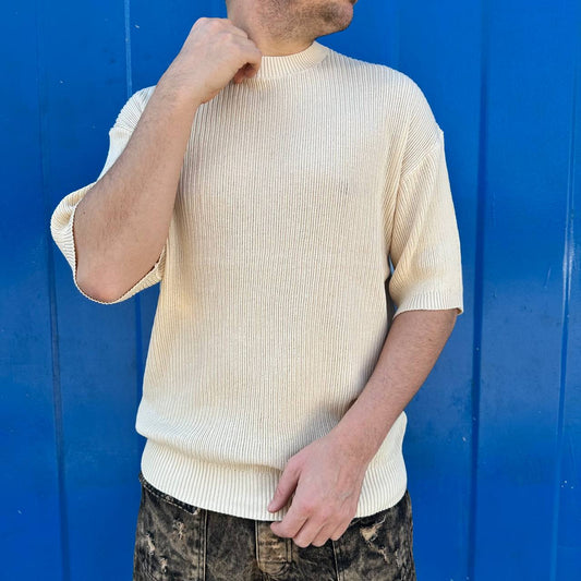 T-shirt in filo a costine beige