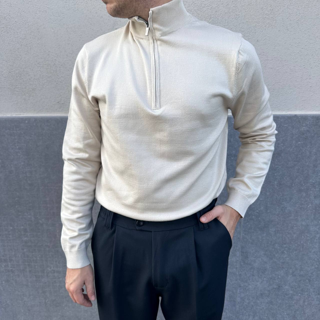 Maglione Casual Con Zip Beige