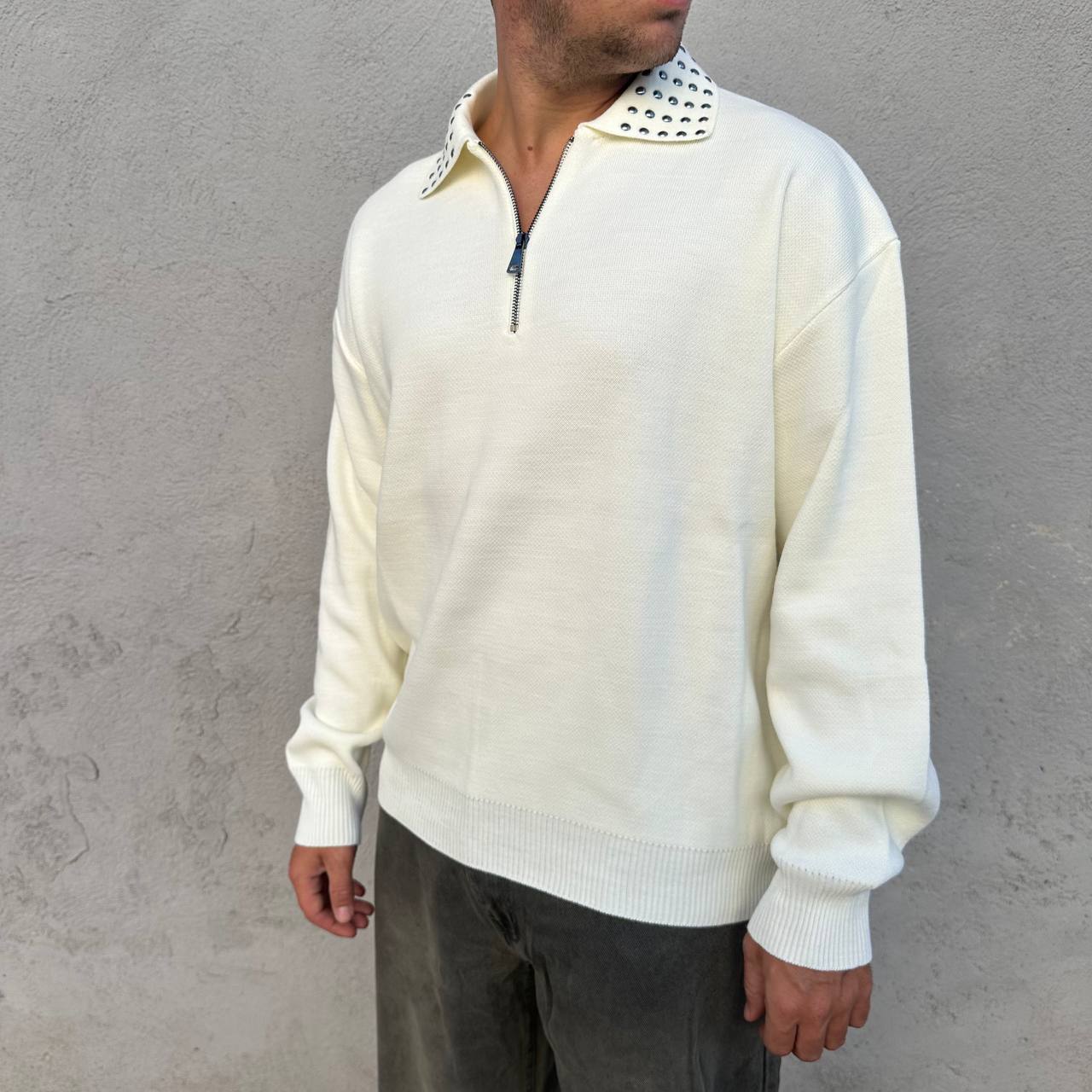 Polo mezza zip borchia bianca