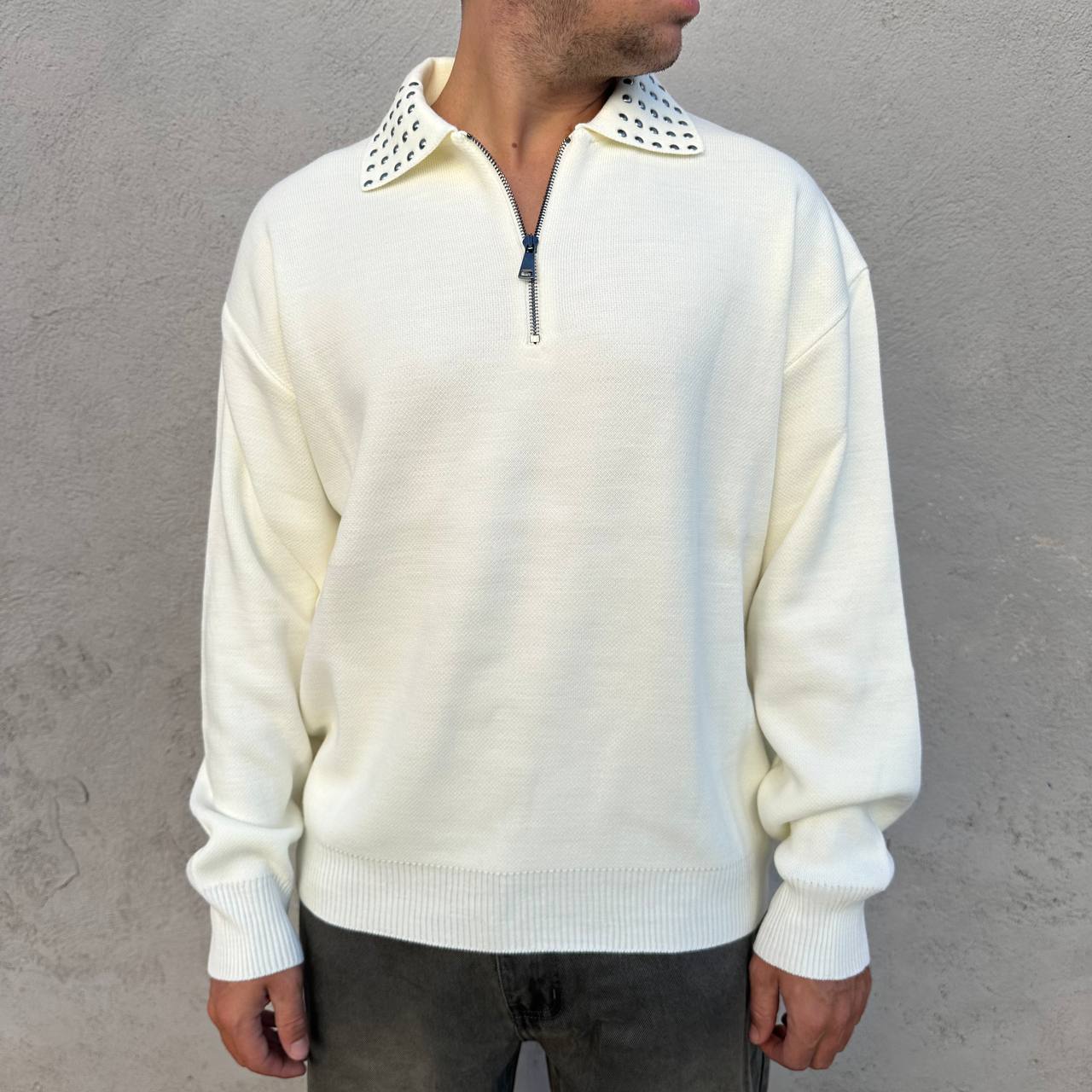 Polo mezza zip borchia bianca