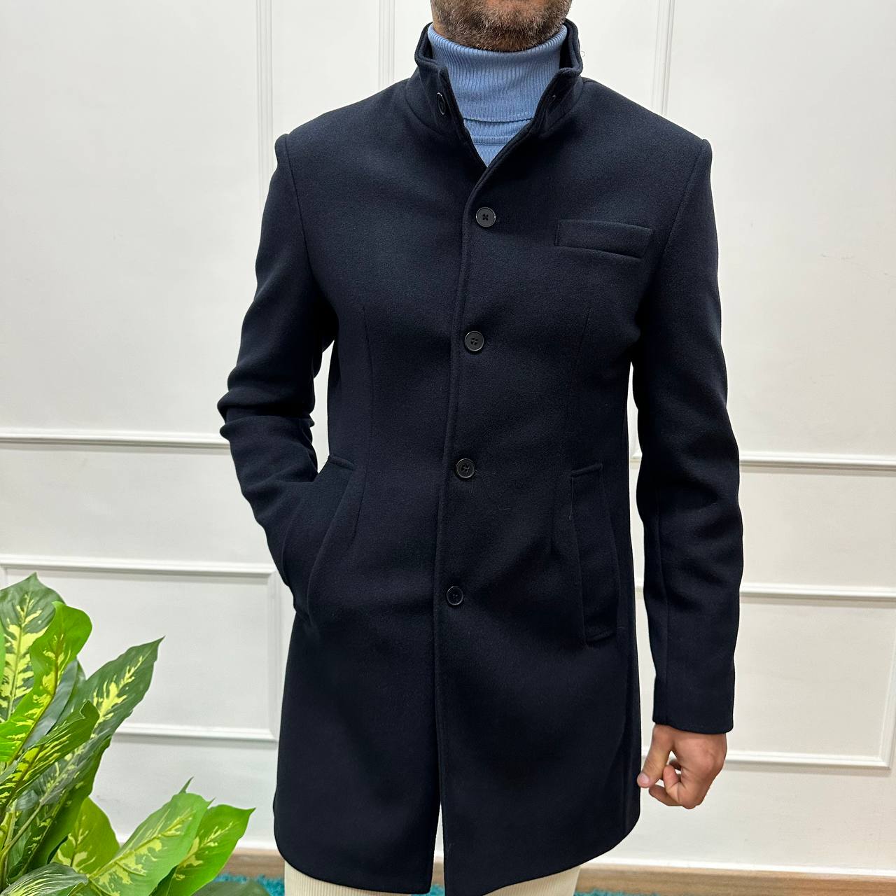 Cappotto collo coreano blu