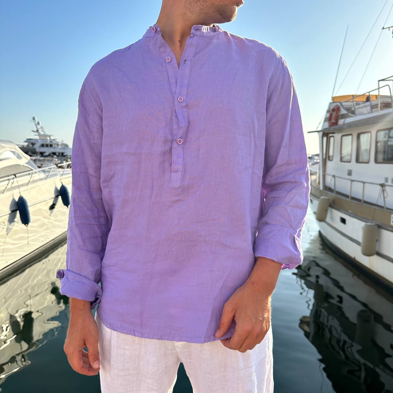 Camicia in lino 4 bottoni viola