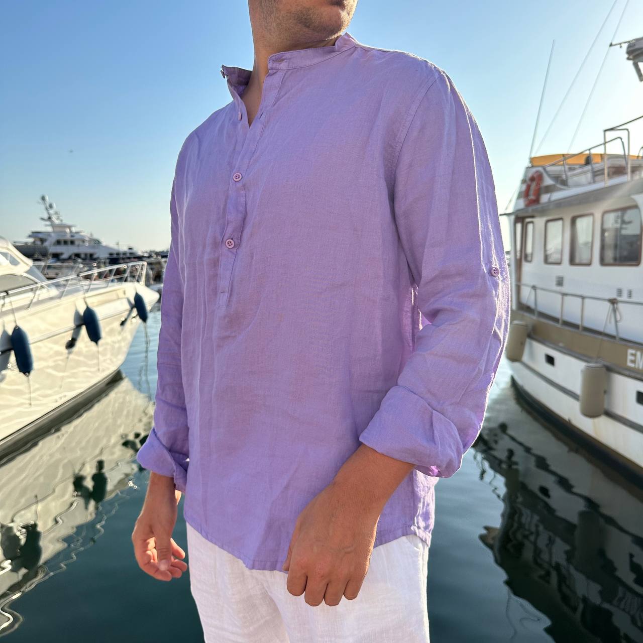 Camicia in lino 4 bottoni viola