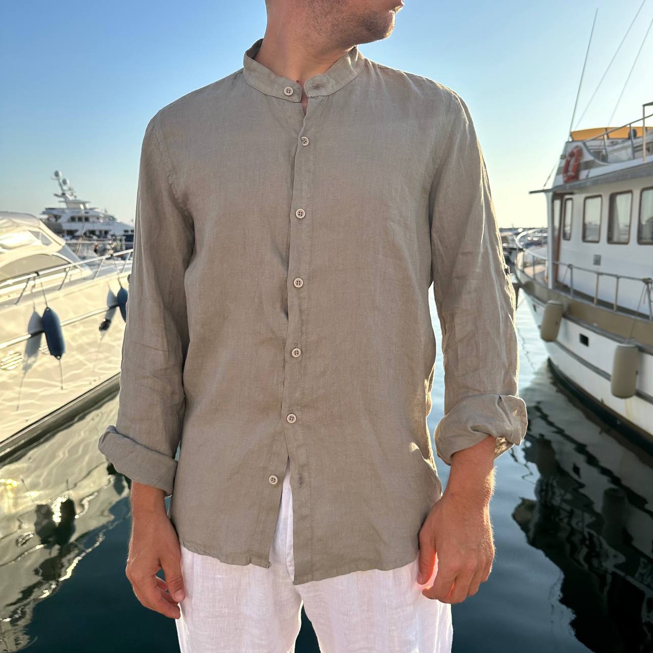 Camicia in lino collo coreano fango