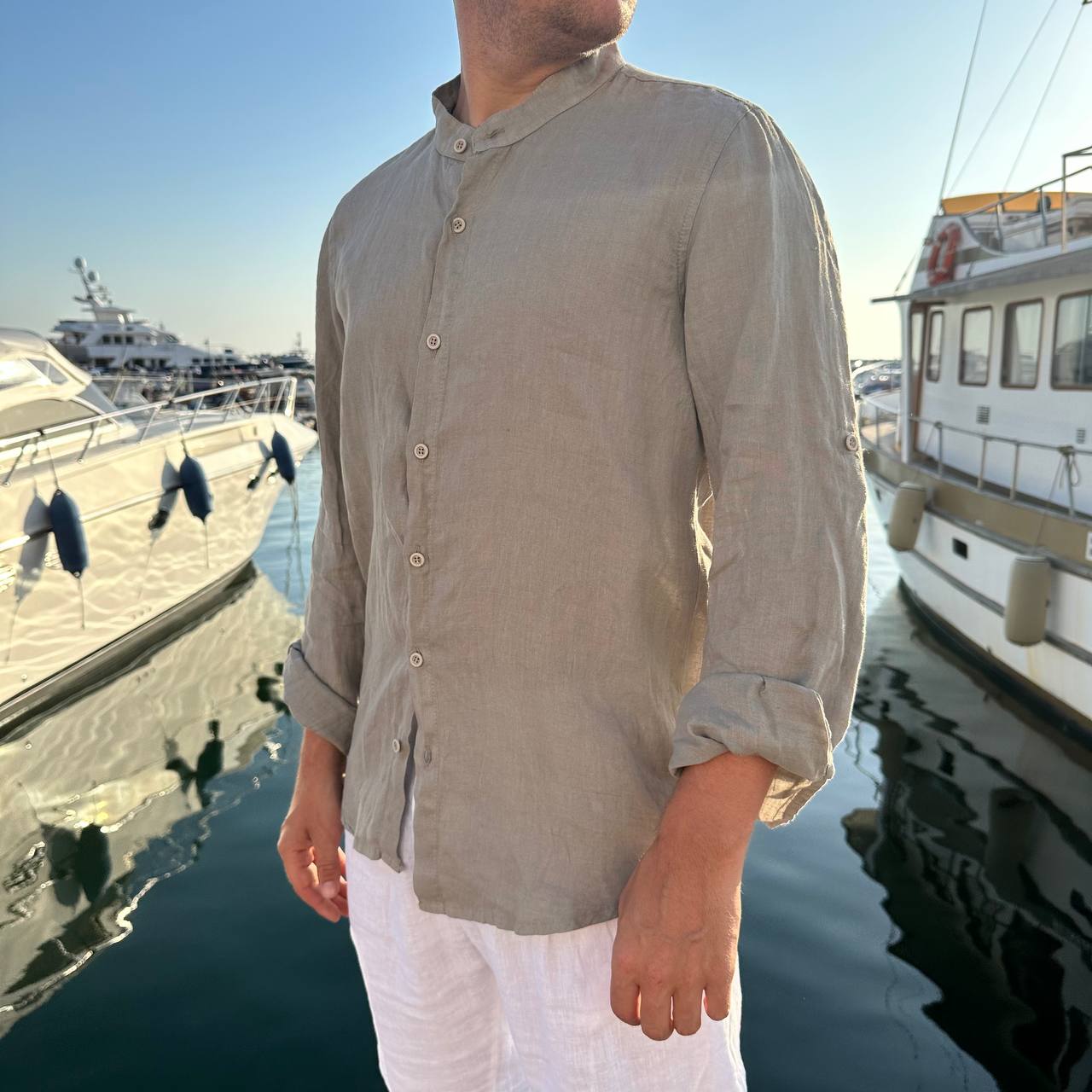 Camicia in lino collo coreano fango