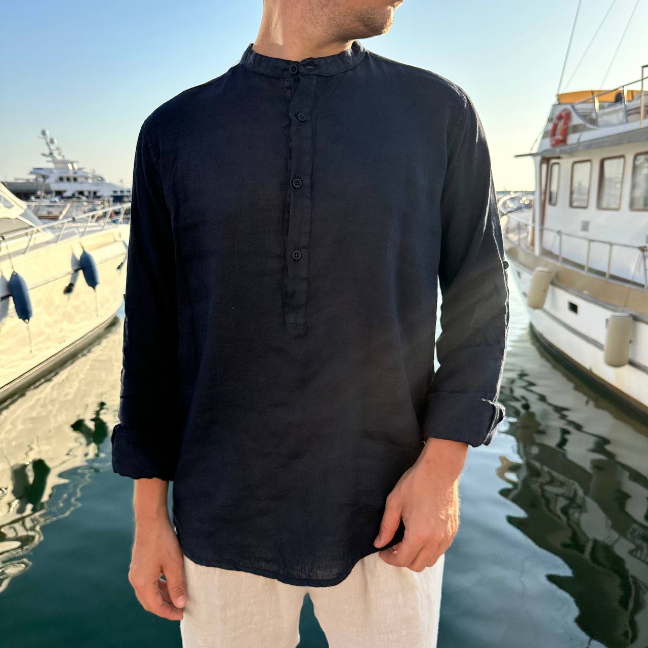 Camicia in lino 4 bottoni blu