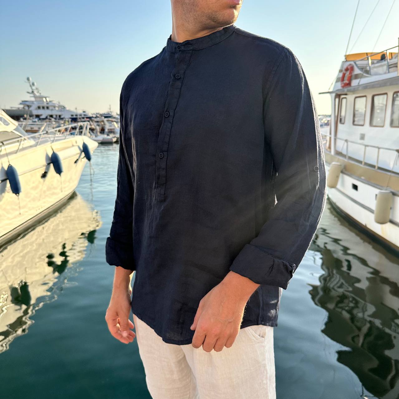 Camicia in lino 4 bottoni blu