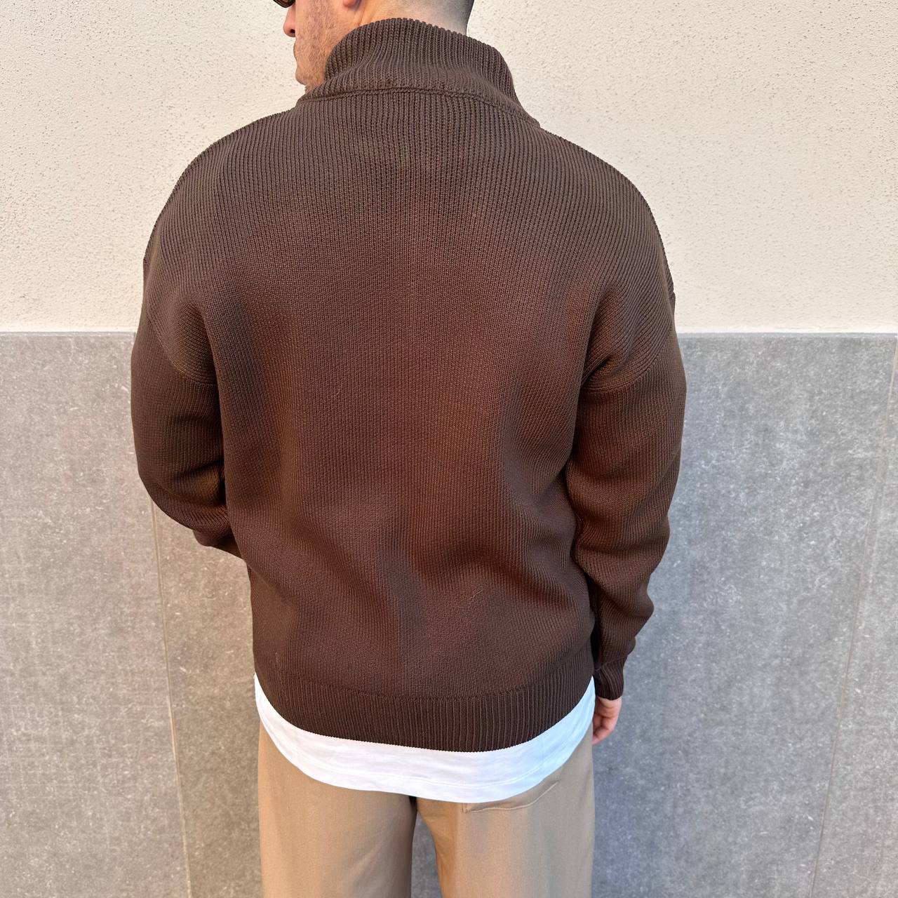 Pull mezza zip marrone