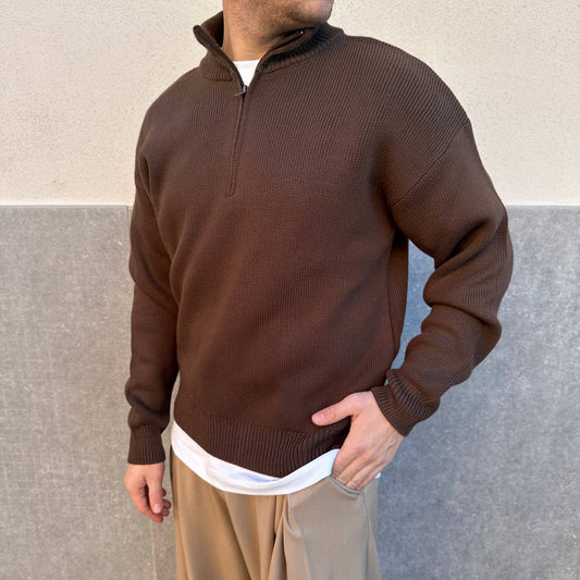 Pull mezza zip marrone