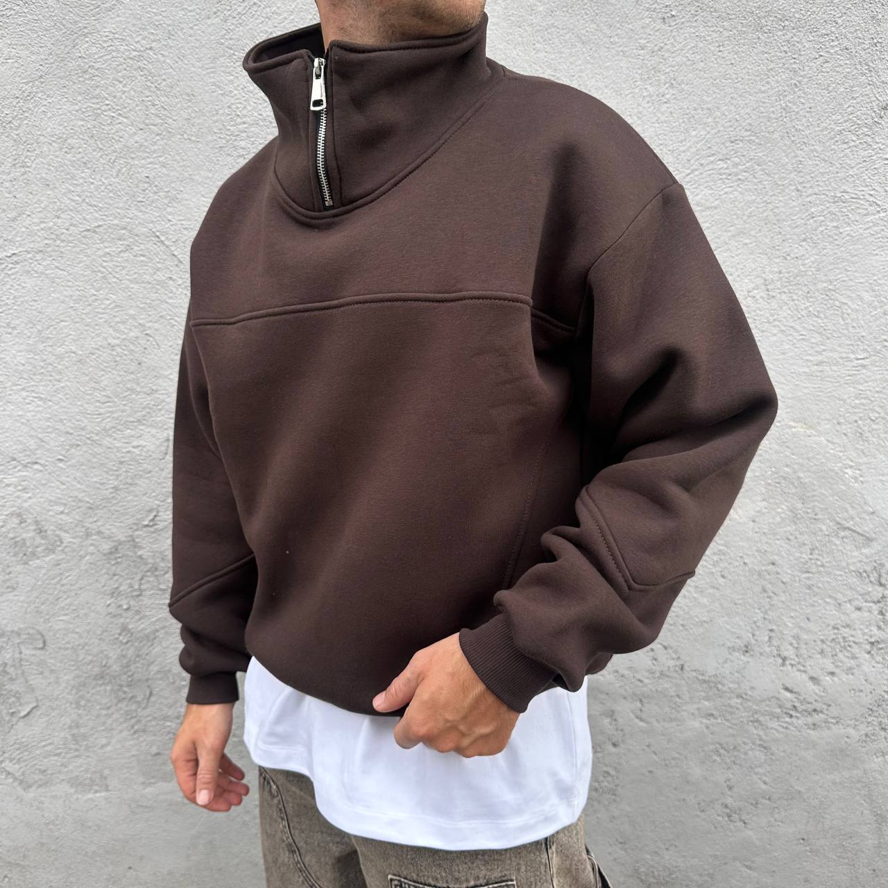 Felpa Crop Con Zip Marrone