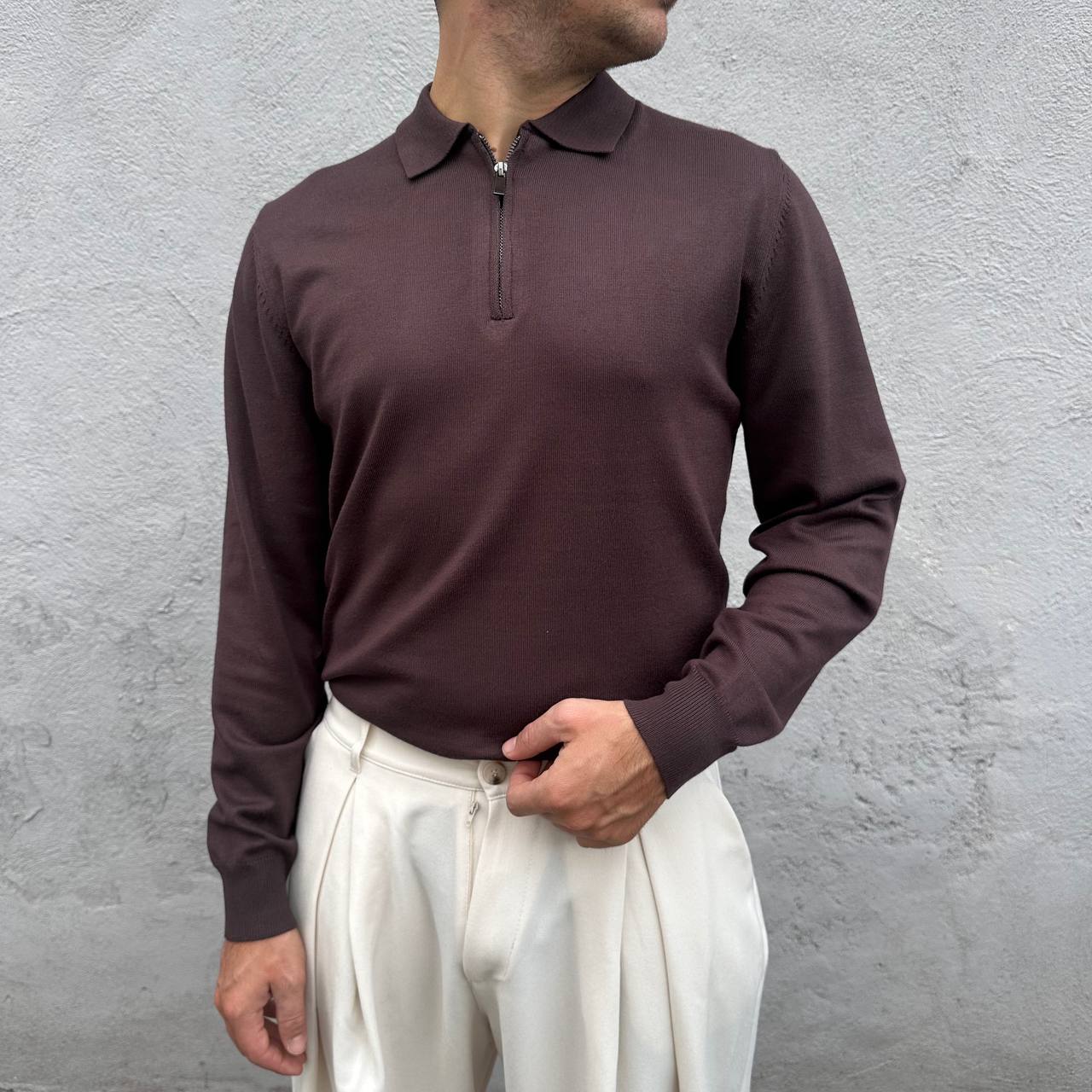Polo Con Zip Marrone