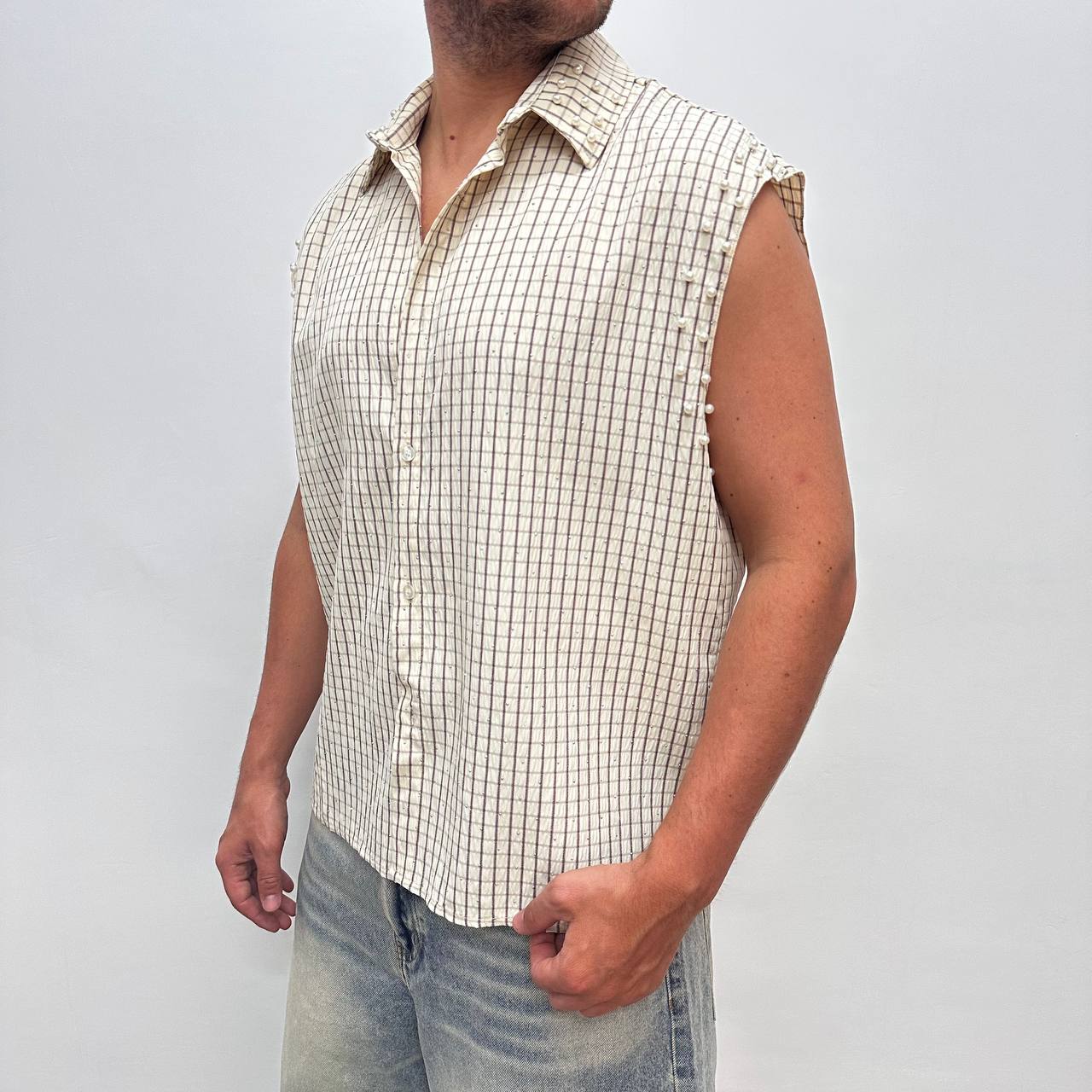 Camicia con perle smanicata beige