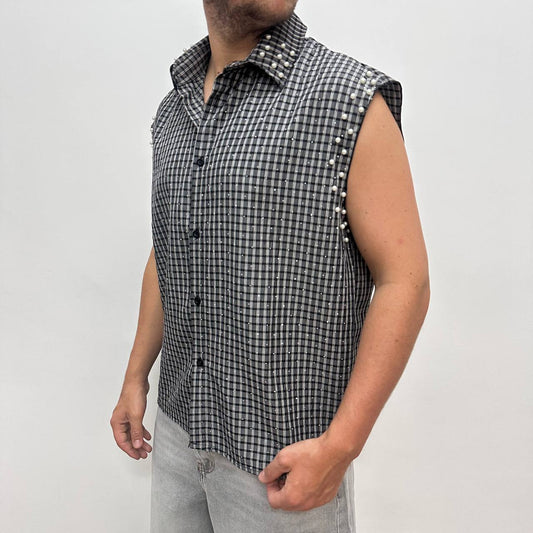 Camicia con perle smanicata nera