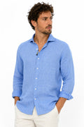 Camicia In Lino Collo Francese Over Celeste