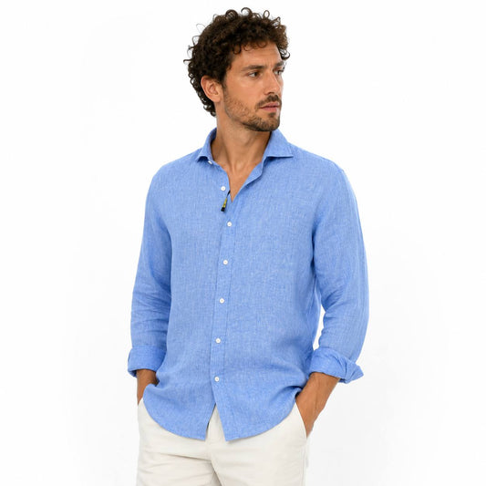 Camicia In Lino Collo Francese Over Celeste