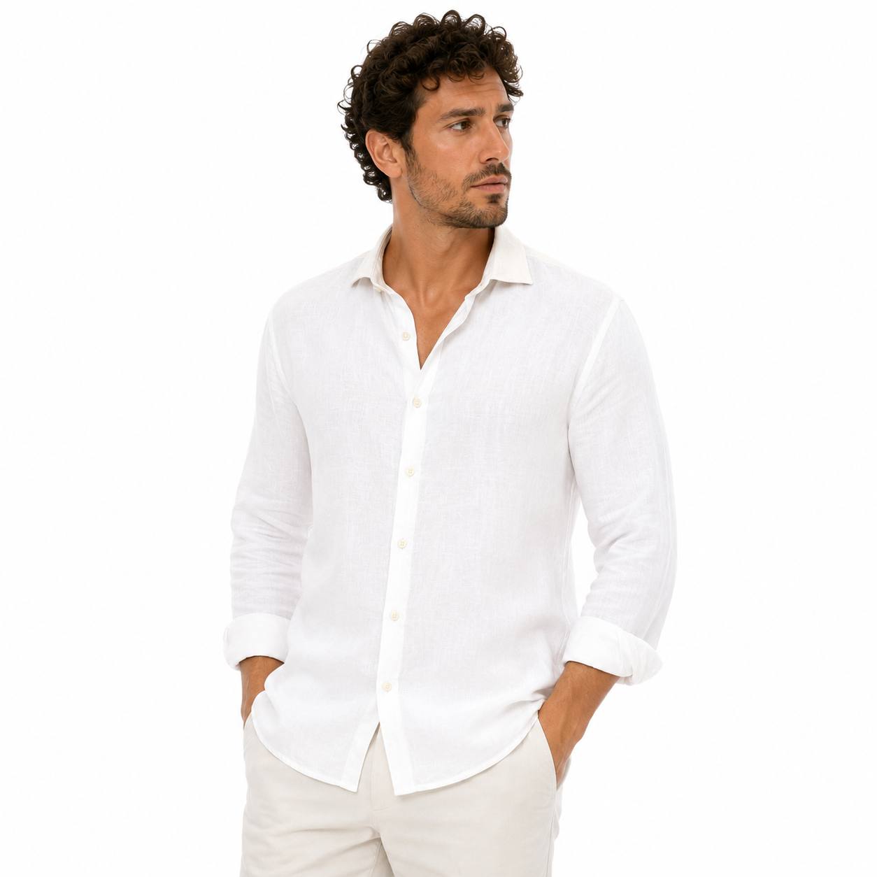Camicia In Lino Collo Francese Over Bianca