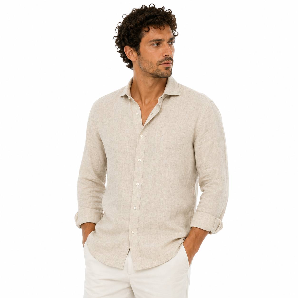 Camicia In Lino Collo Francese Over Beige