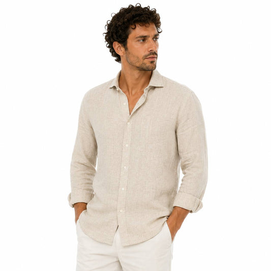 Camicia In Lino Collo Francese Over Beige