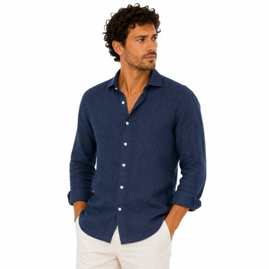 Camicia In Lino Collo Francese Over Blu