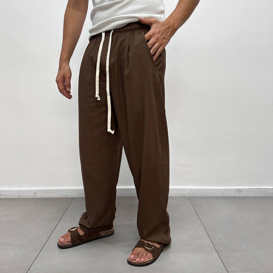 Pantalone elastico in lino marrone
