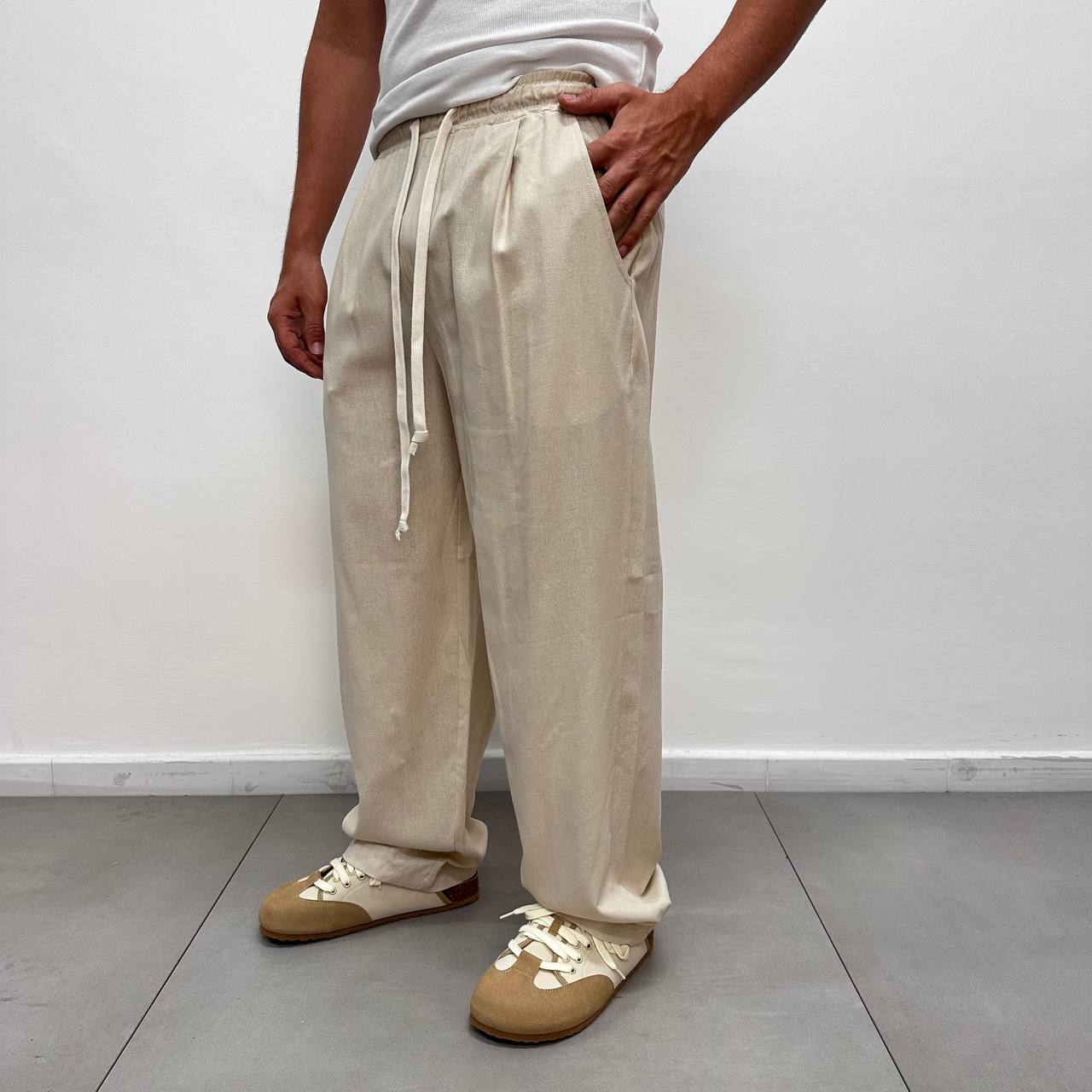 Pantalone elastico in lino beige